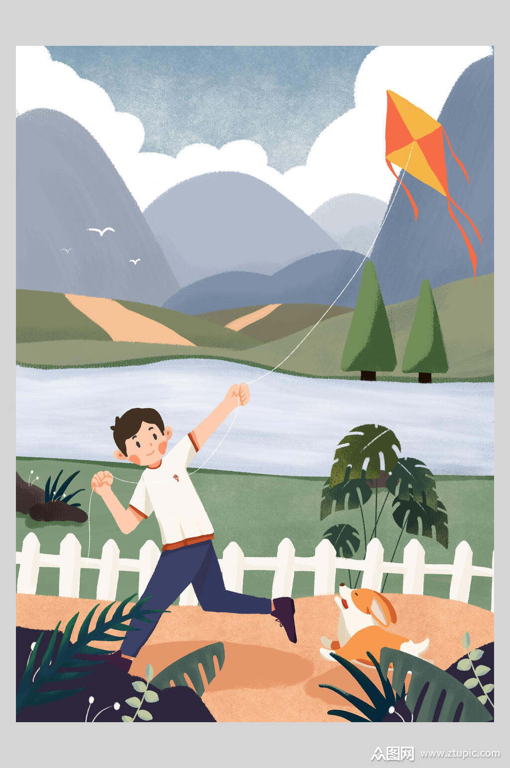 小男孩放风筝立春插画素材模板下载-编号1500558-众图网