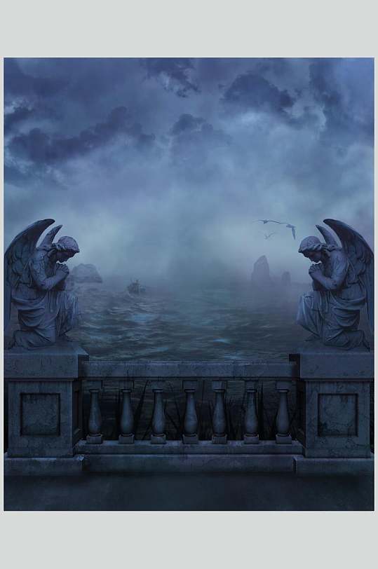 魔幻暗黑CG场景桥上雕塑图片
