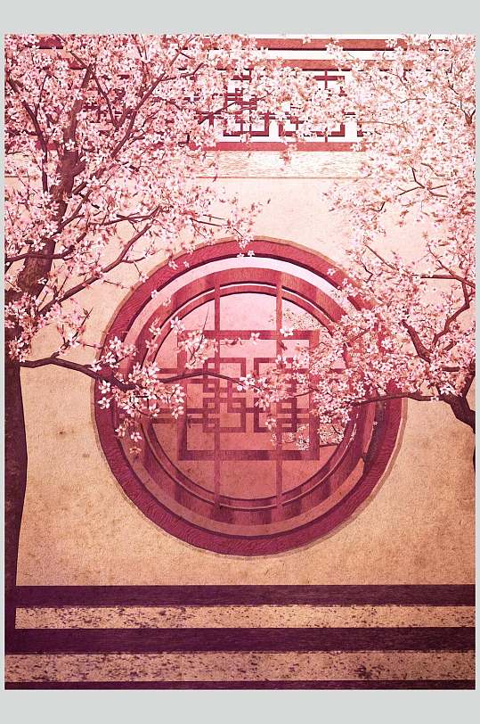 中式桃花哥特风室内庭院建筑摄影图