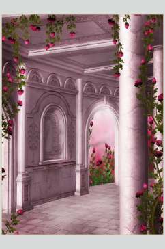 粉色哥特风室内庭院建筑高清摄影图