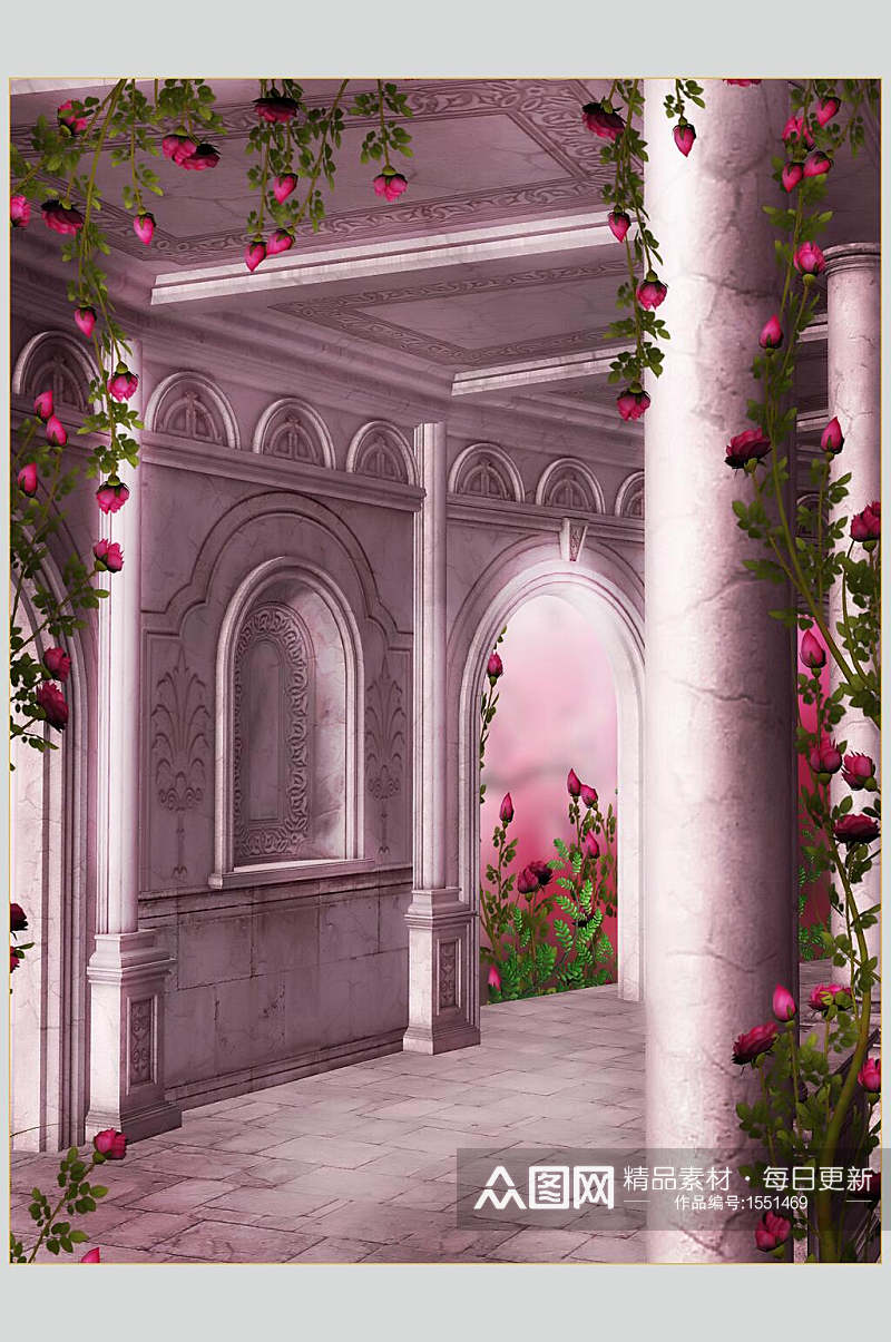 粉色哥特风室内庭院建筑高清摄影图素材