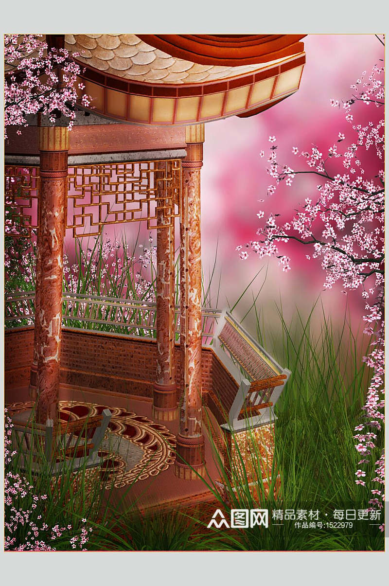 中式室外凉亭桃花庭院建筑图片素材