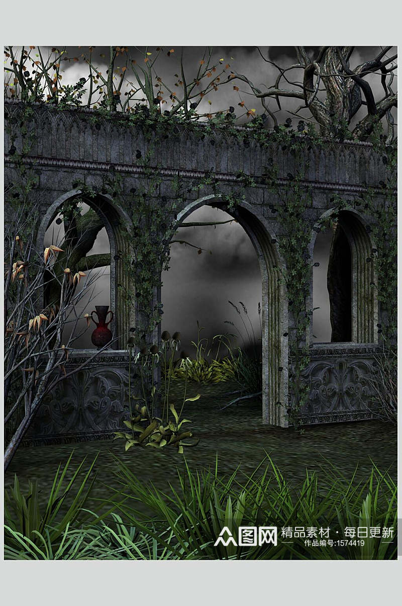 魔幻暗黑CG场景花园建筑一角图片素材
