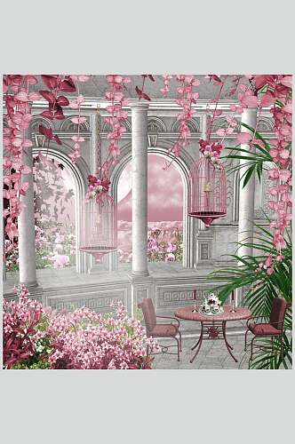 粉色哥特风室内庭院建筑高清摄影图