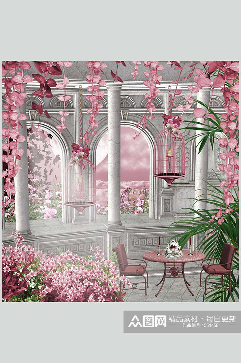 粉色哥特风室内庭院建筑高清摄影图素材