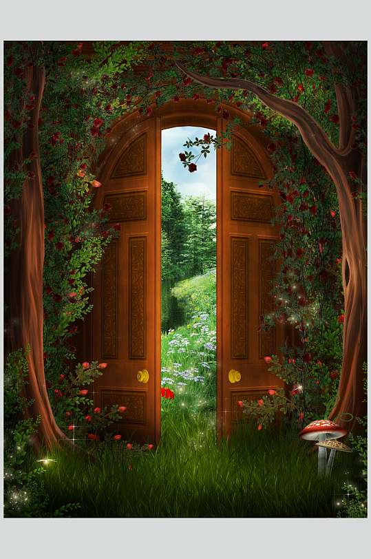 插画风森林大门哥特风室内庭院建筑