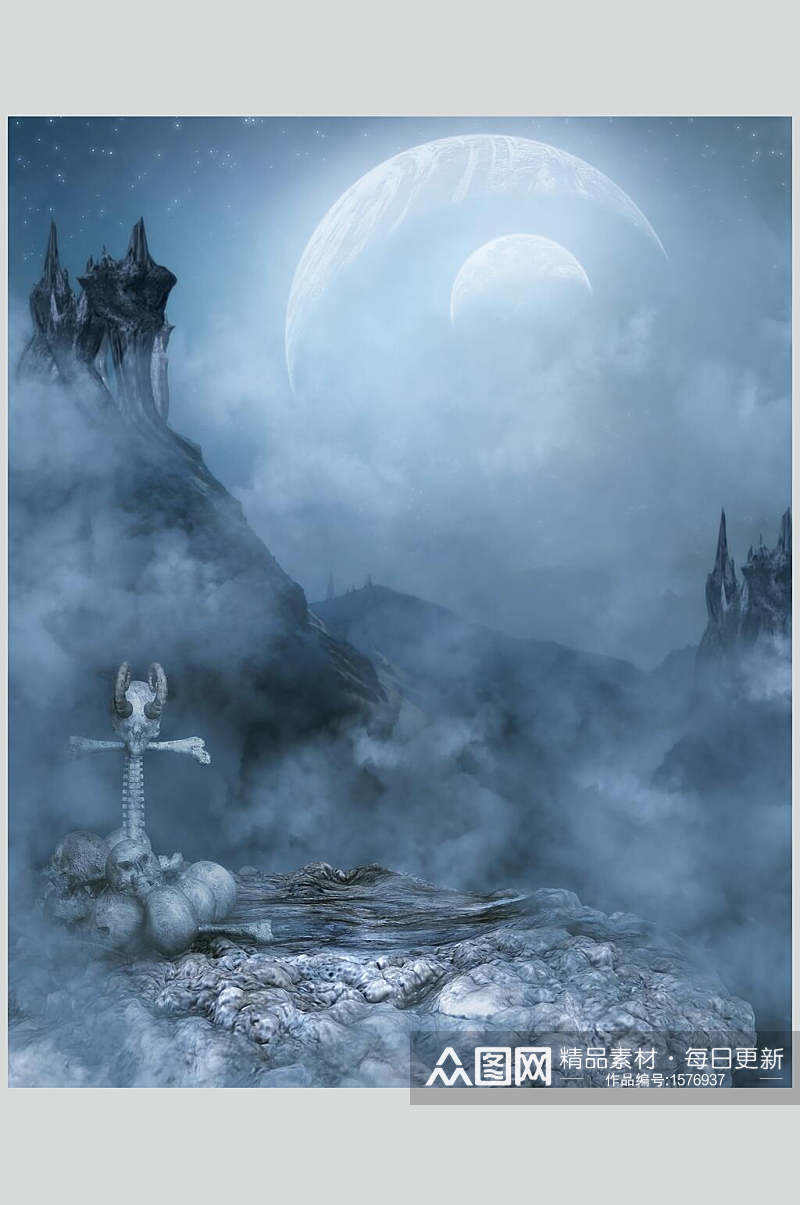 骷髅月光魔幻暗黑CG场景高清图片素材