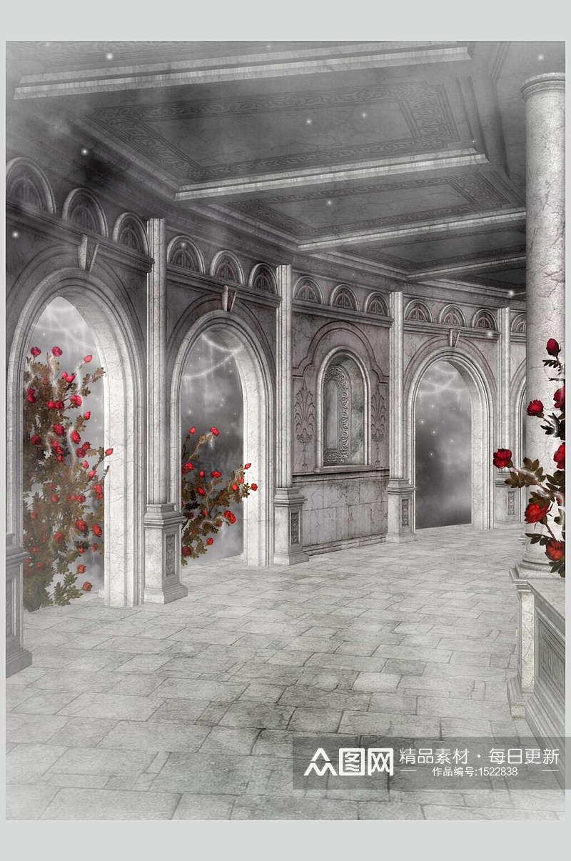 白色红玫瑰哥特风室内庭院建筑图片素材