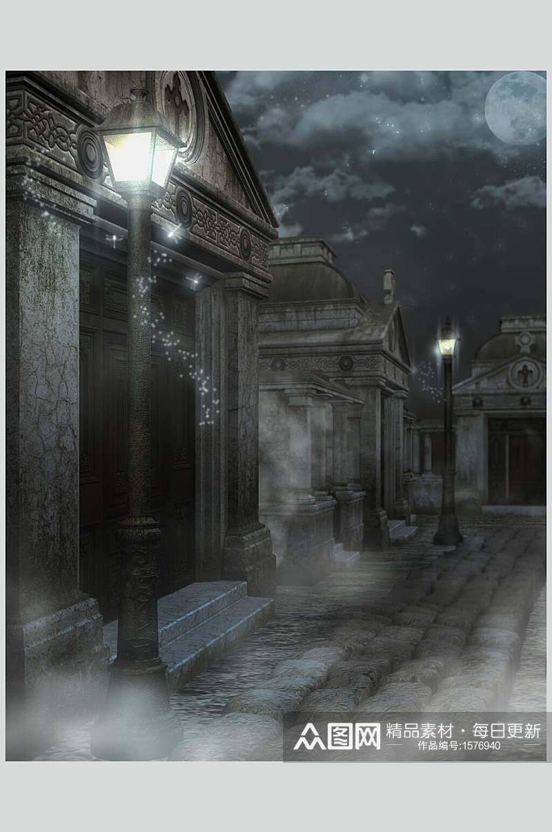 复古街道魔幻暗黑CG场景高清图片素材