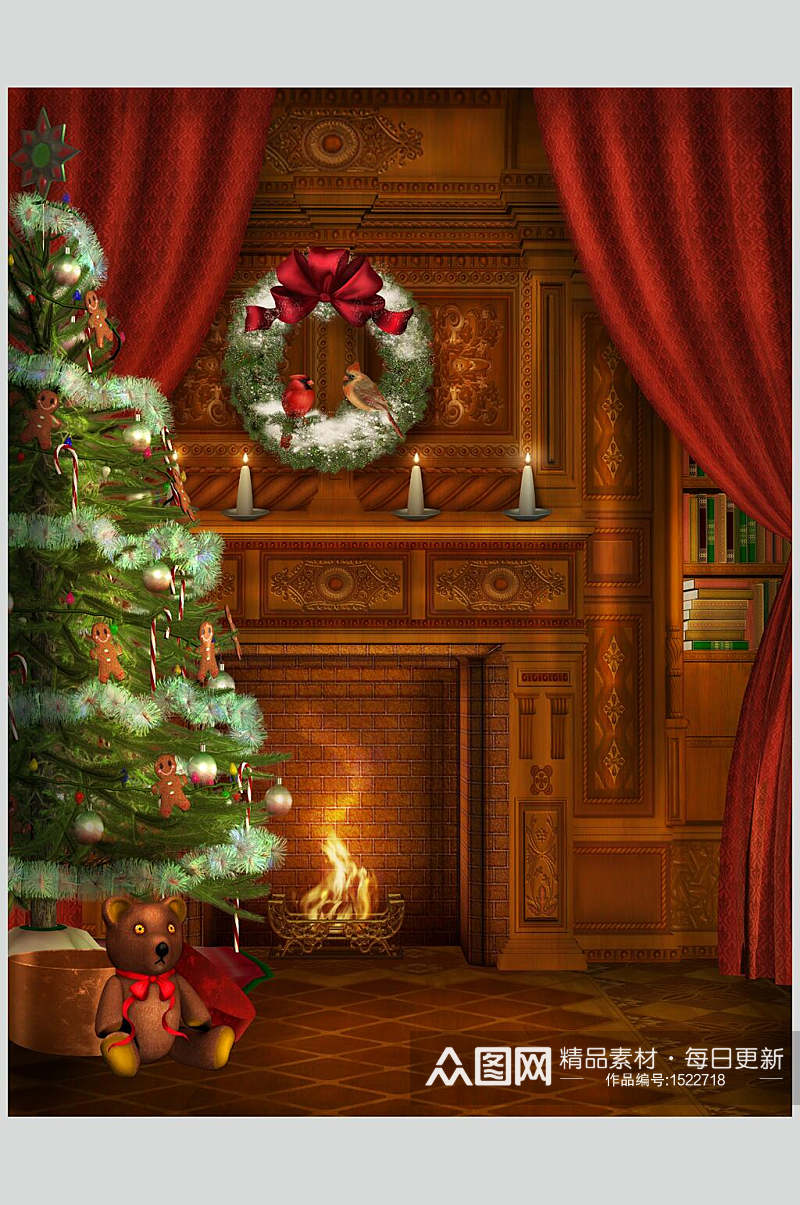 圣诞节圣诞树火炉室内庭院建筑图片素材