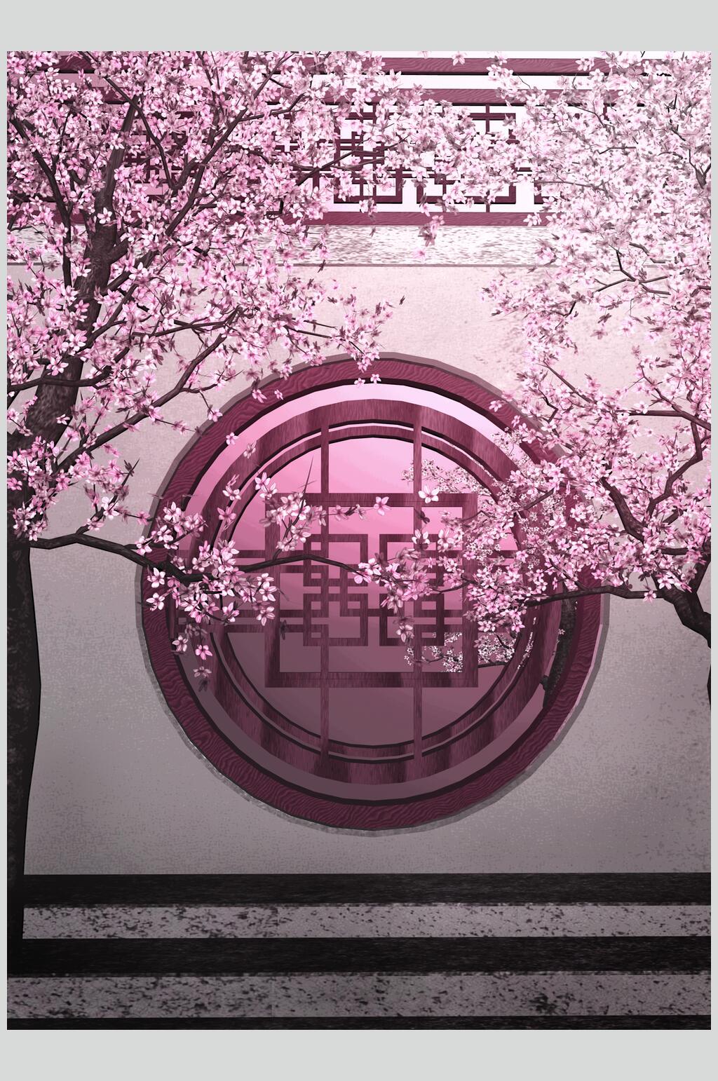 桃花哥特风室内庭院建筑摄影图素材