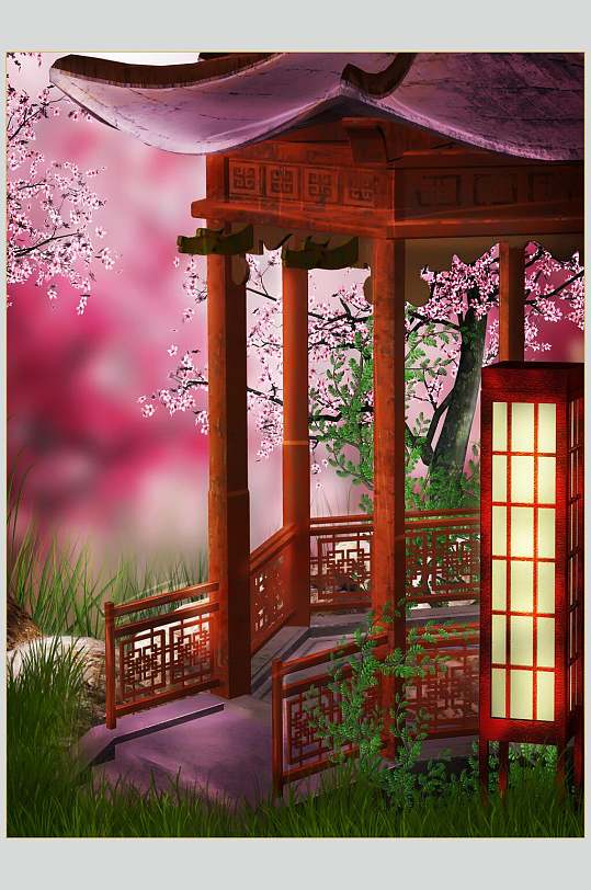 中国风古朴红木庭院建筑图片