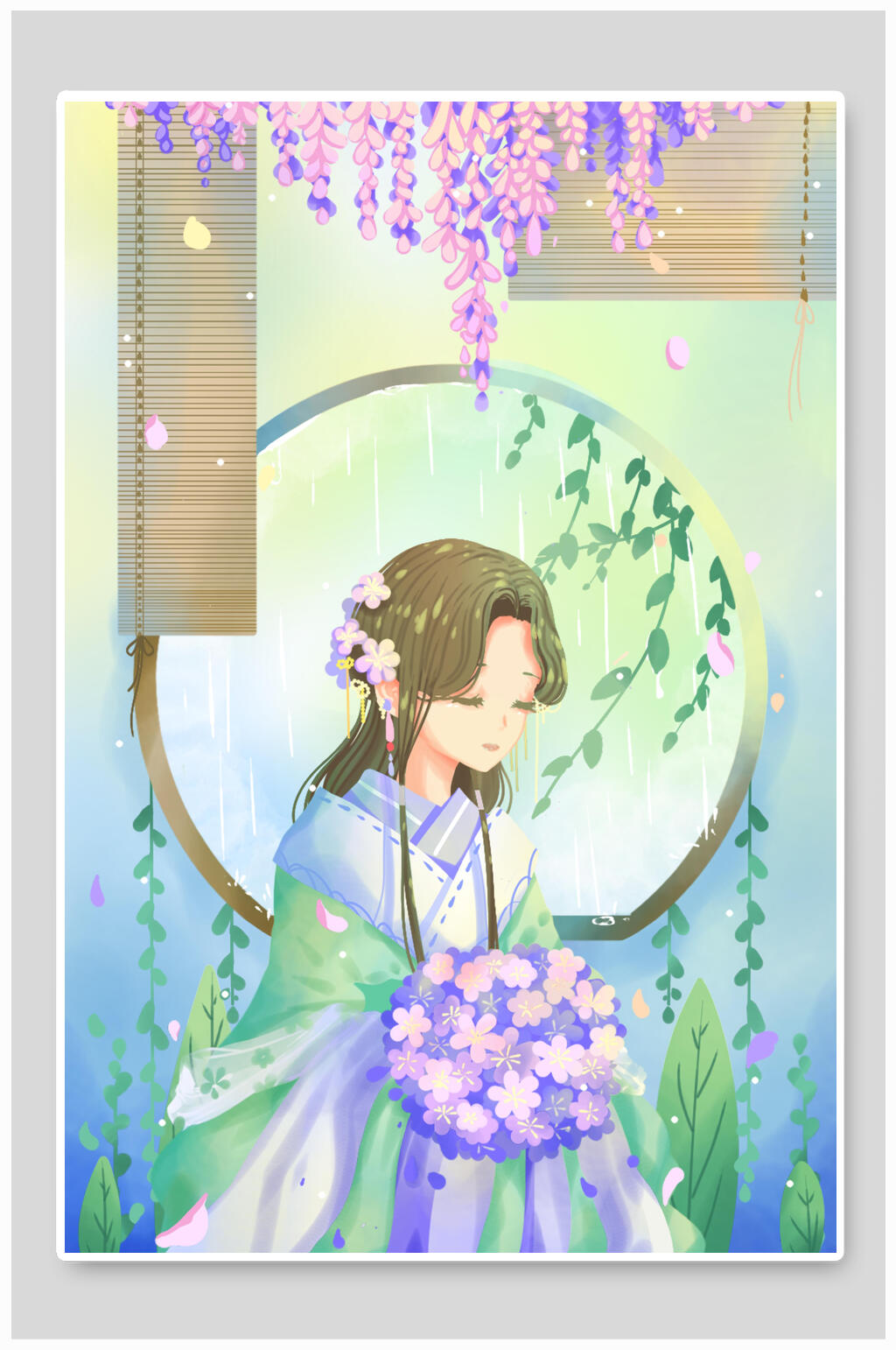 古风花女孩插画素材素材