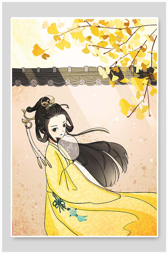 古风秋意女孩插画素材-众图网