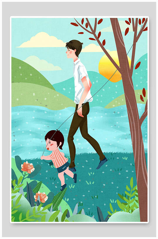 陪伴父情节插画素材