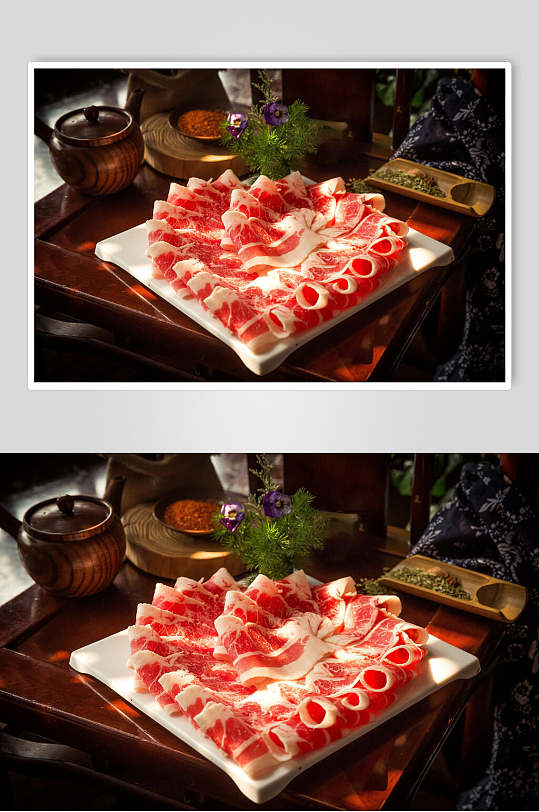 涮火锅羊肉片拼盘摄影图