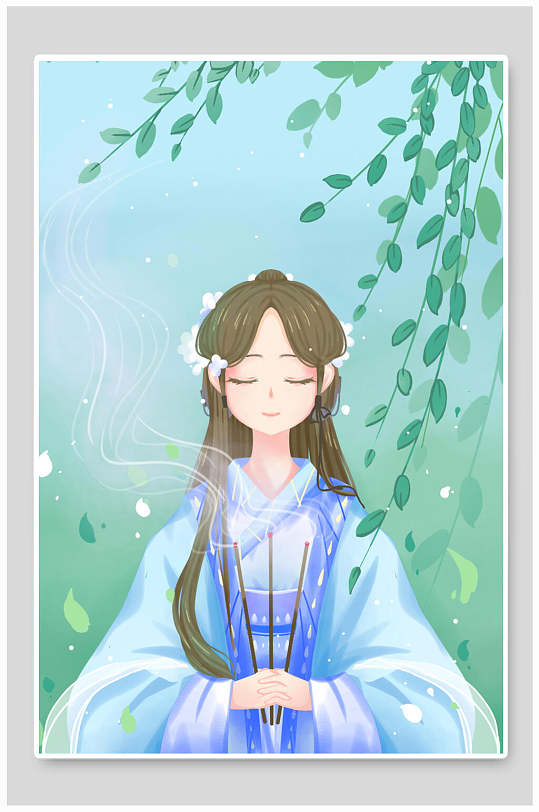 古风烧香女孩插画素材-众图网