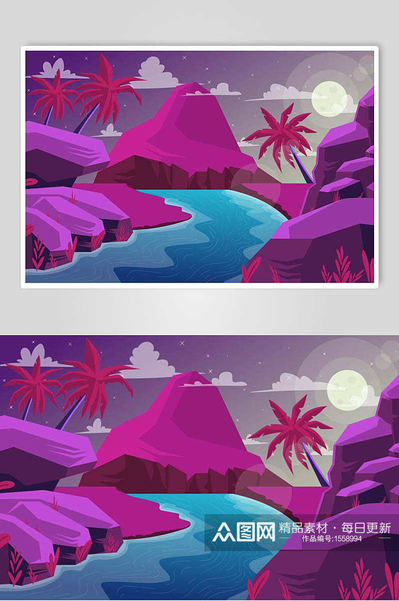紫色湖景矢量AI风景插画素材素材