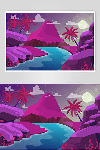 紫色湖景矢量AI风景插画素材