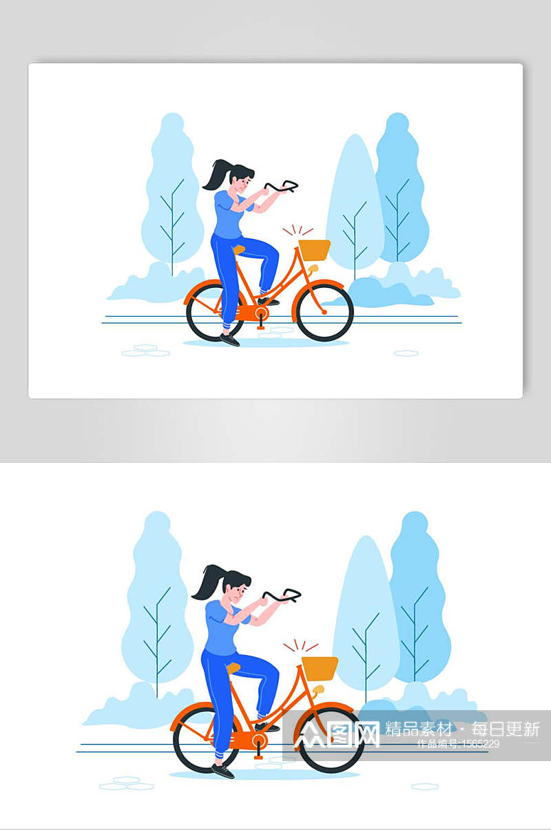 中国风人物自行车插画元素素材