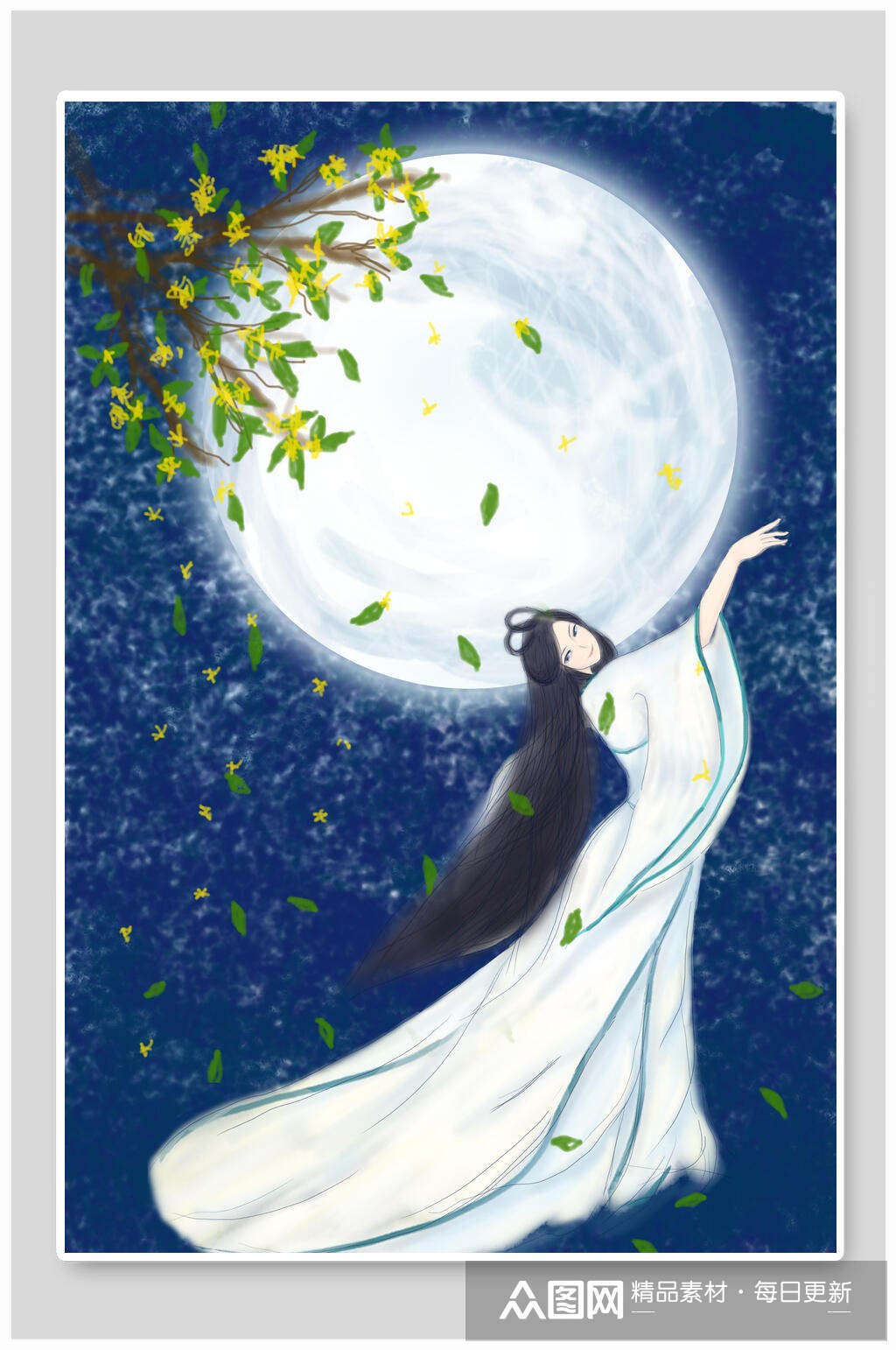 古风月下女孩插画素材素材