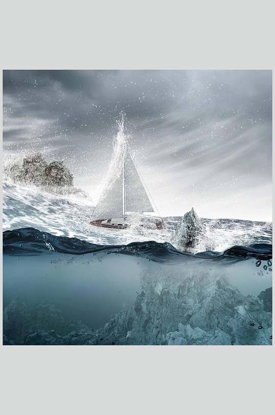 海浪图片帆船巨浪摄影图