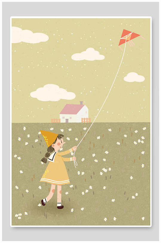 放风筝女孩唯美梦幻插画素材