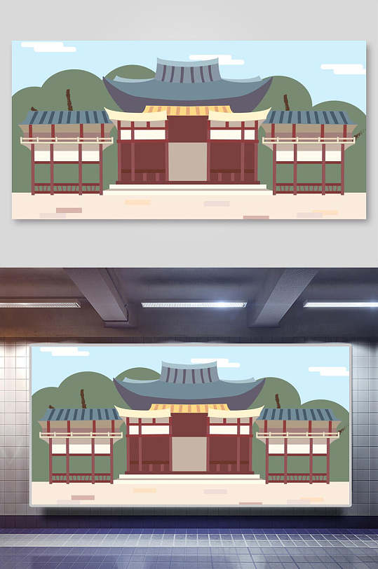 漫画矢量中式古建筑插画素材