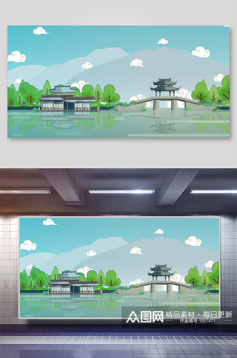 扁平风古风公园建筑插画素材素材