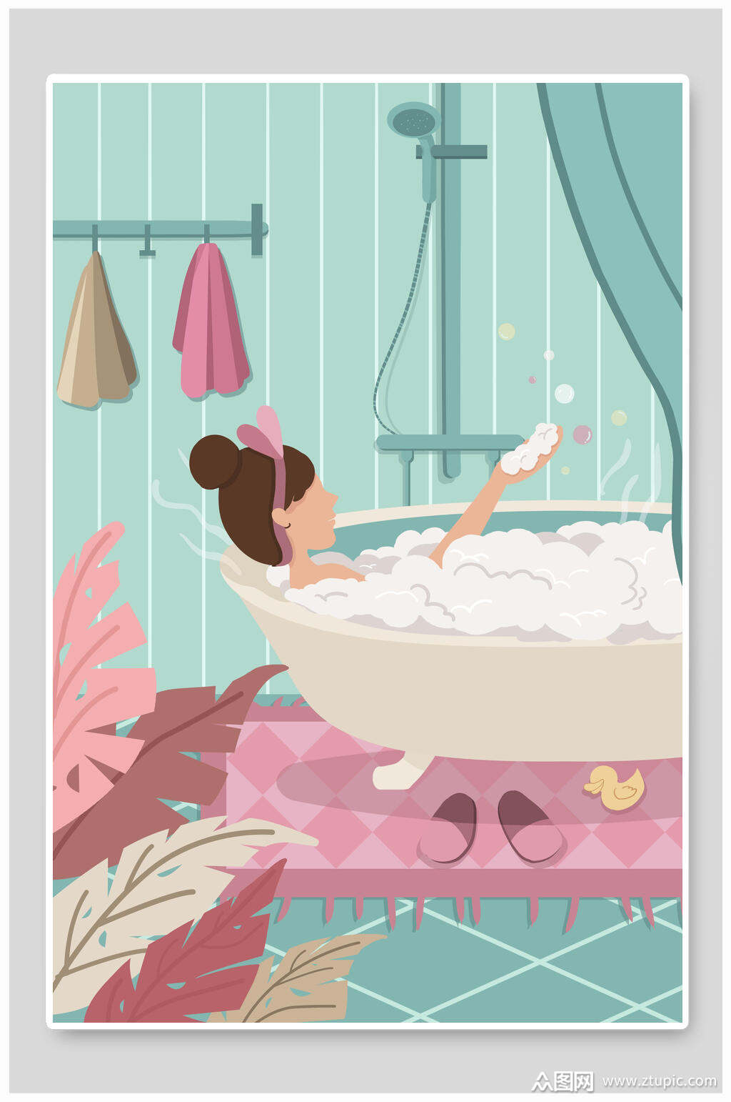泡澡沐浴插画素材设计