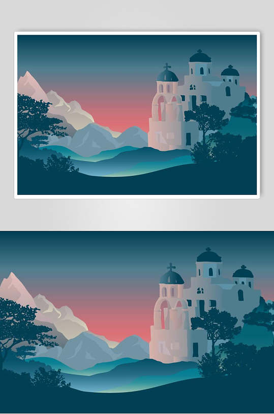 城堡矢量中式古建筑插画素材