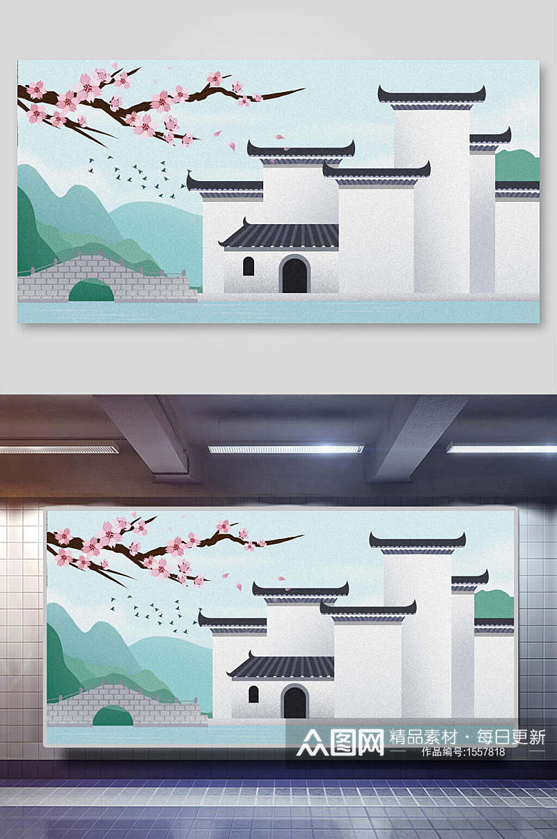 江南古风建筑插画素材素材