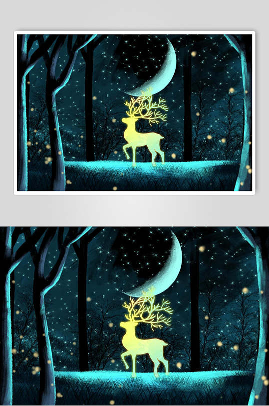 麋鹿夜空唯美梦幻插画素材-众图网