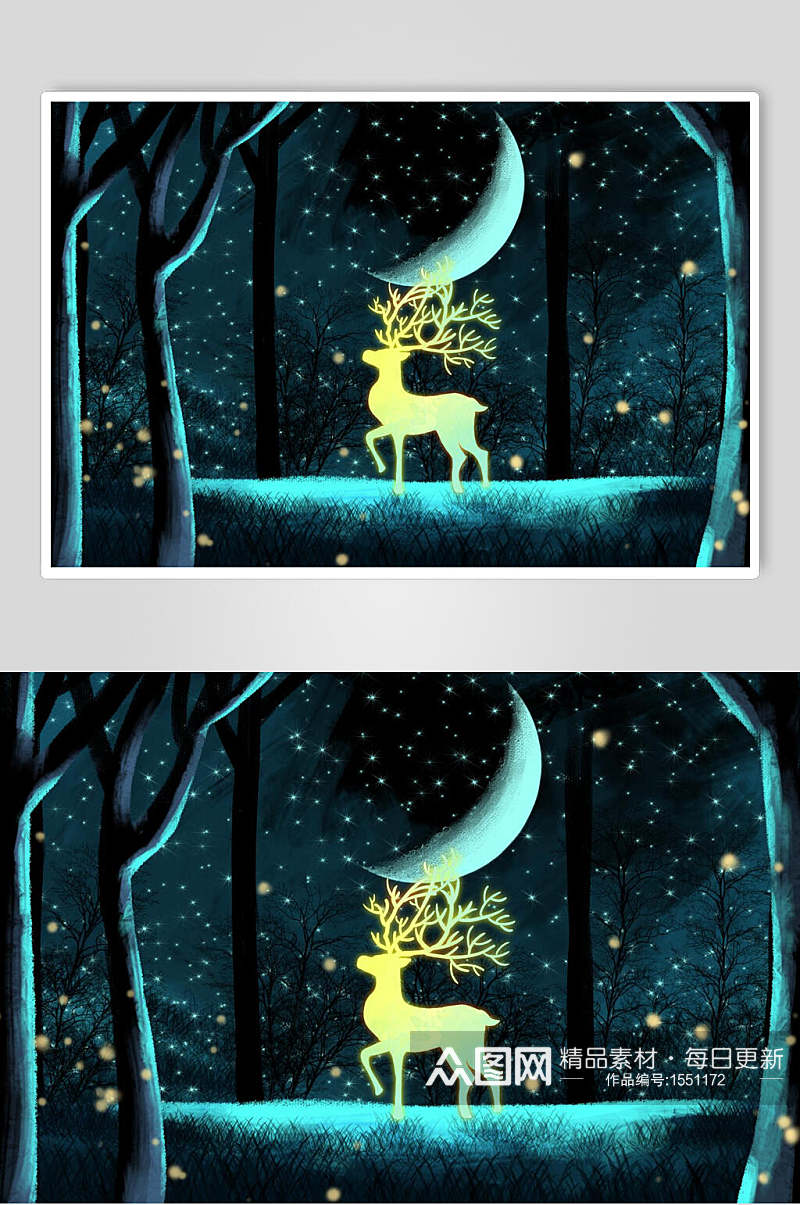 麋鹿夜空唯美梦幻插画素材素材