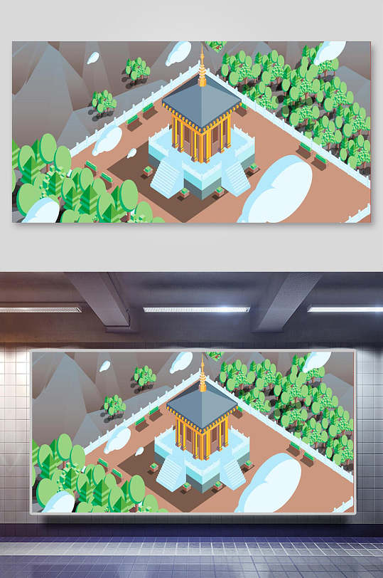 25d风矢量中式古建筑插画素材