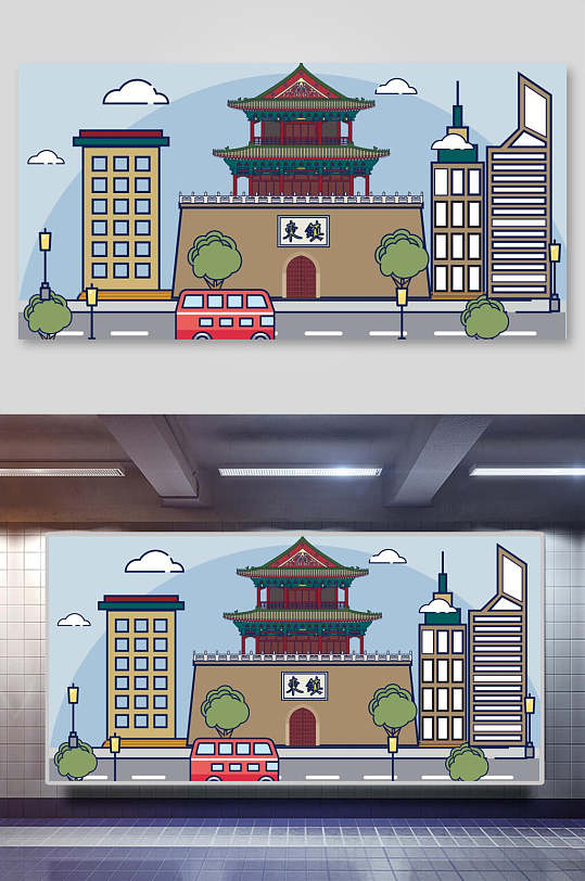 阁楼矢量中式古建筑插画素材