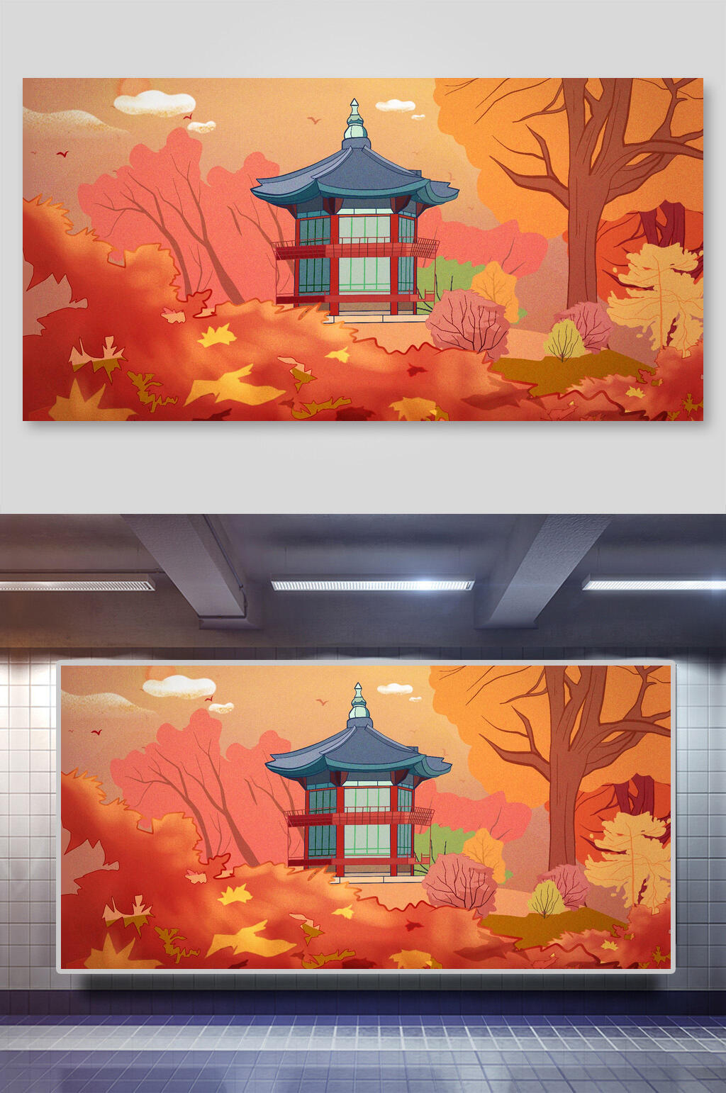 红色古风建筑插画素材素材