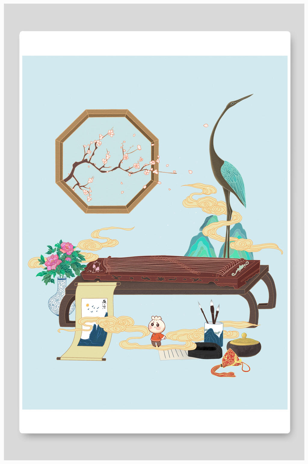 国潮风扁平风案台海报插画素材素材