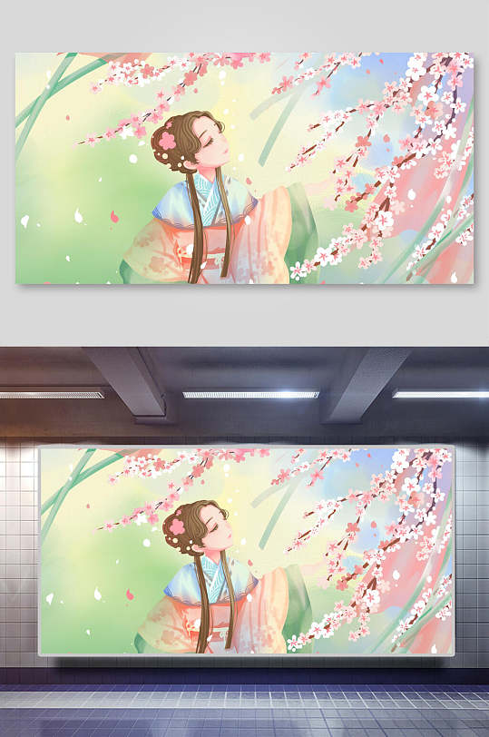 古风花中女孩插画素材-众图网