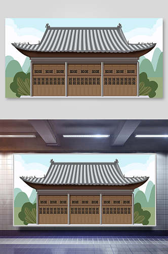 古风扁平风建筑插画素材