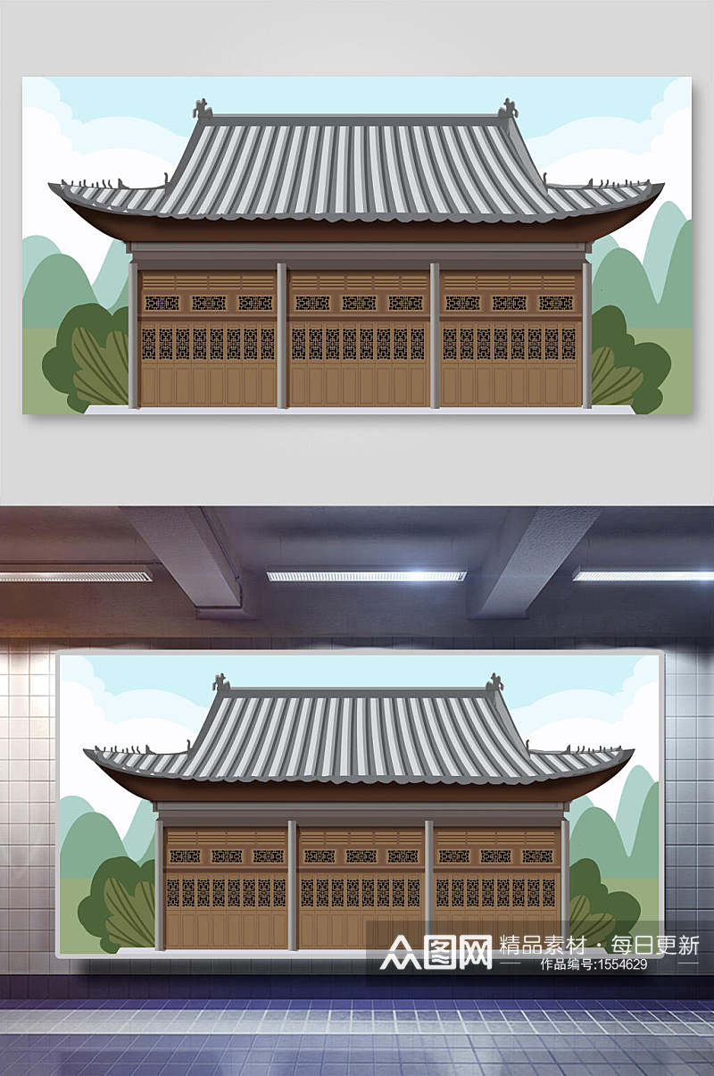 古风扁平风建筑插画素材素材