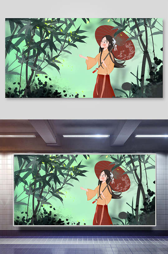 古风竹中女孩插画素材-众图网