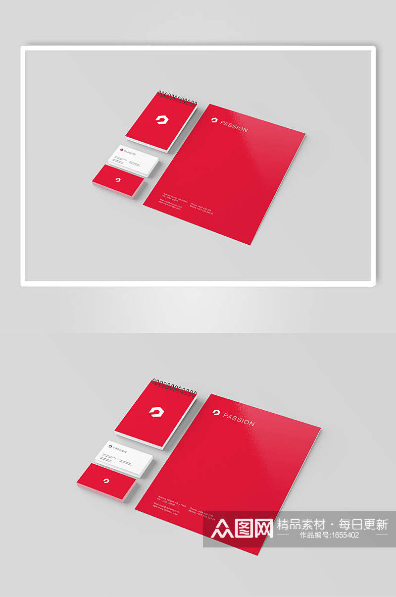 红色名片文件袋笔记本VI样机贴图效果图素材