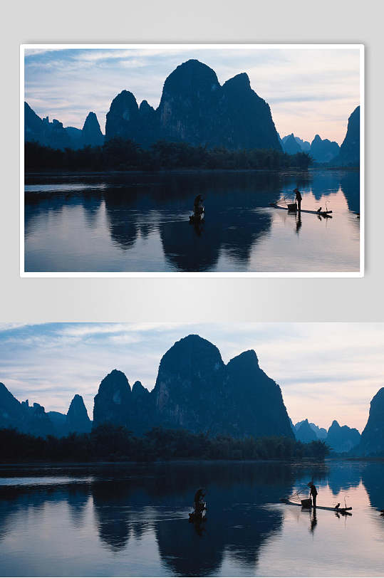 桂林山水层峦叠嶂水中木筏美景图片