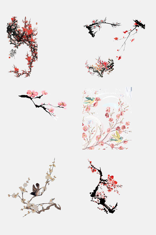 彩色手绘画水墨梅花免抠元素素材