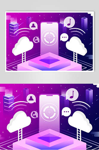 扁平化插画虚拟云空间数据科技紫色