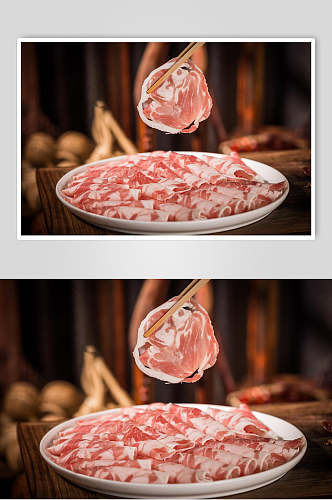 红白香嫩羊肉片摄影图