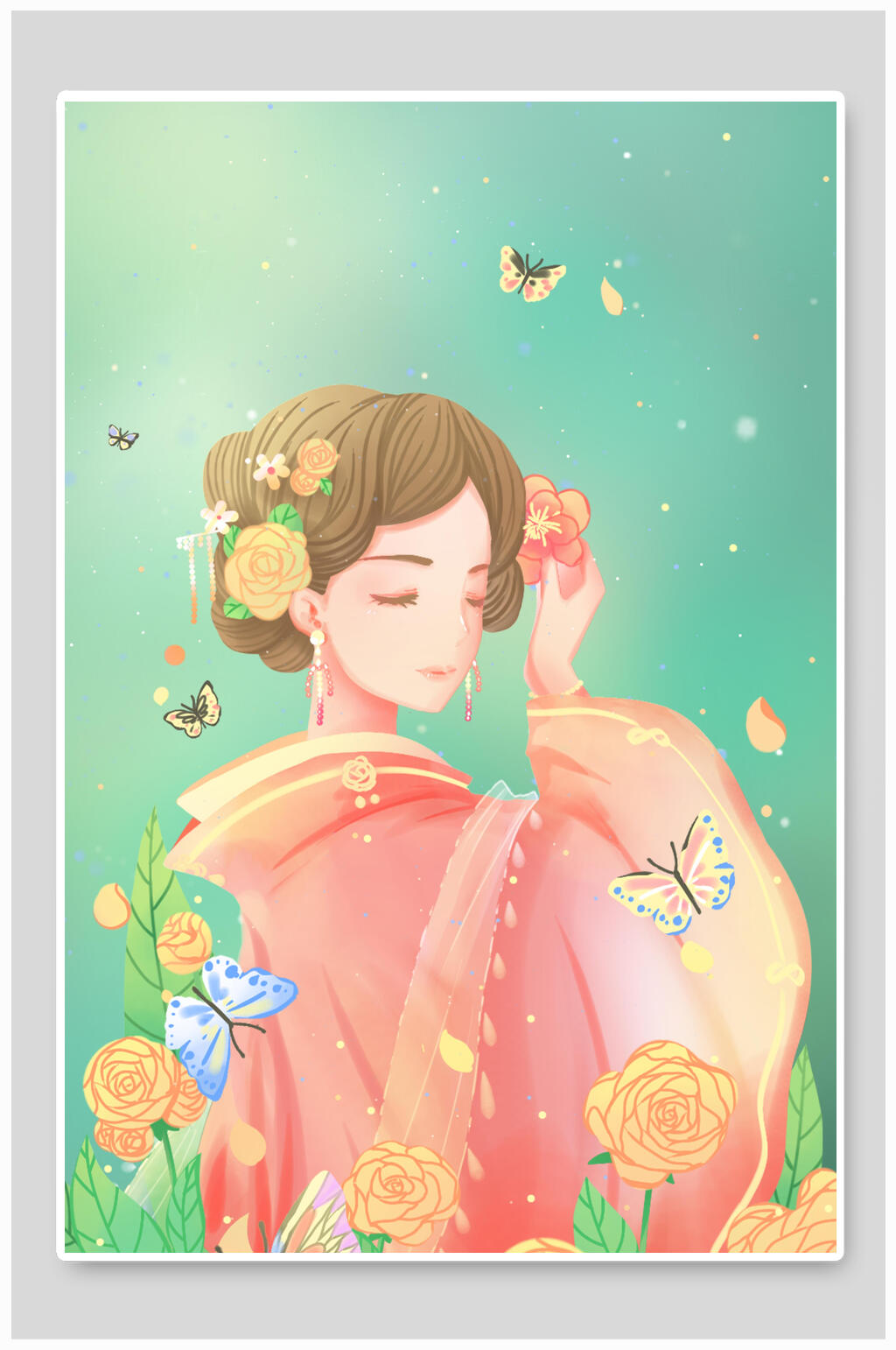 古风插花女孩插画素材素材