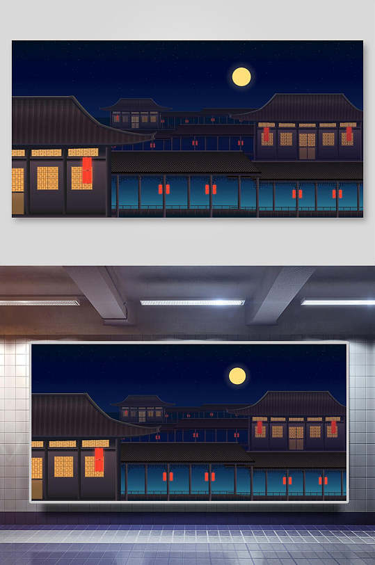 夜景古风建筑插画素材