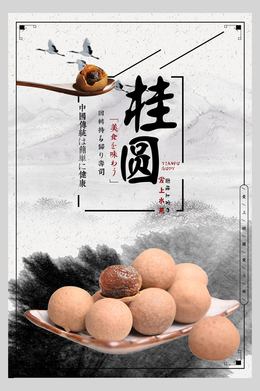 中国风水墨桂圆水果海报素材